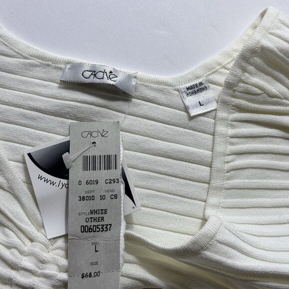 Cache Cropped Ottoman V-Neck Textured Top Ivory/Cream String White Woman's L NWT - Picture 4 of 4